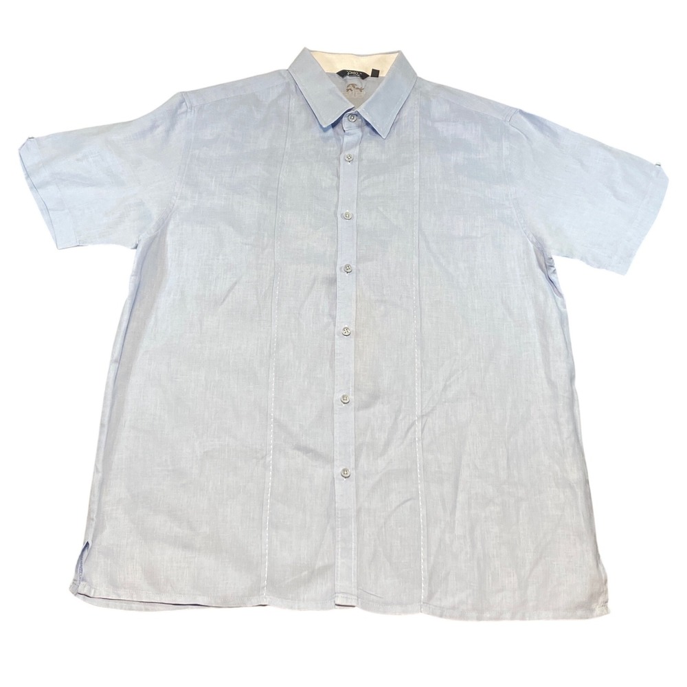 Bohio Mens 100% Linen Short Sleeve Button Down Shirt Blue Guayabera Style L